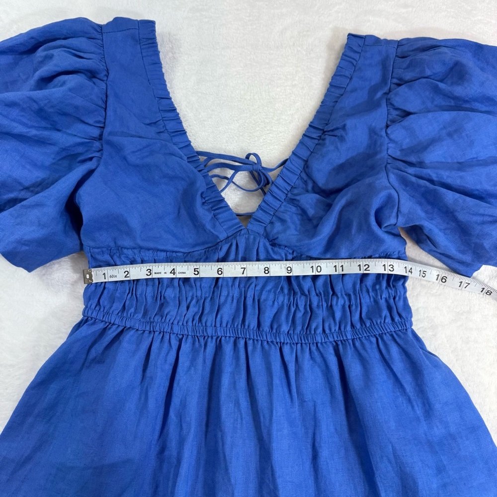 NEW Amalie the Label by Showpo Khaila LInen Lunge Puff Sleeve Mini Dress Blue 6 - Picture 14 of 15